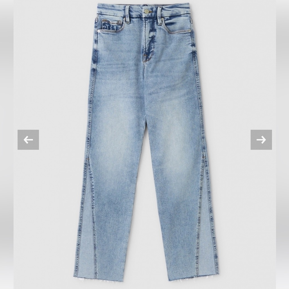 Good American Blue Flare Wide Leg Jeans with Distressed Hem Split Colorblock